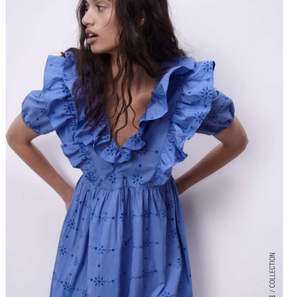 Zara * openwork embroidered dress boho flowy blue size xs - Picture 8 of 11